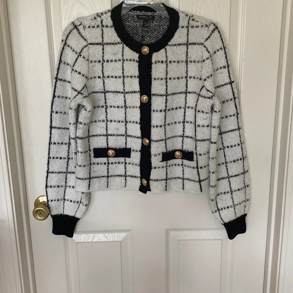 “Express” Chic plaid white/black sweater jacket with novelty buttons; XS; NWOT